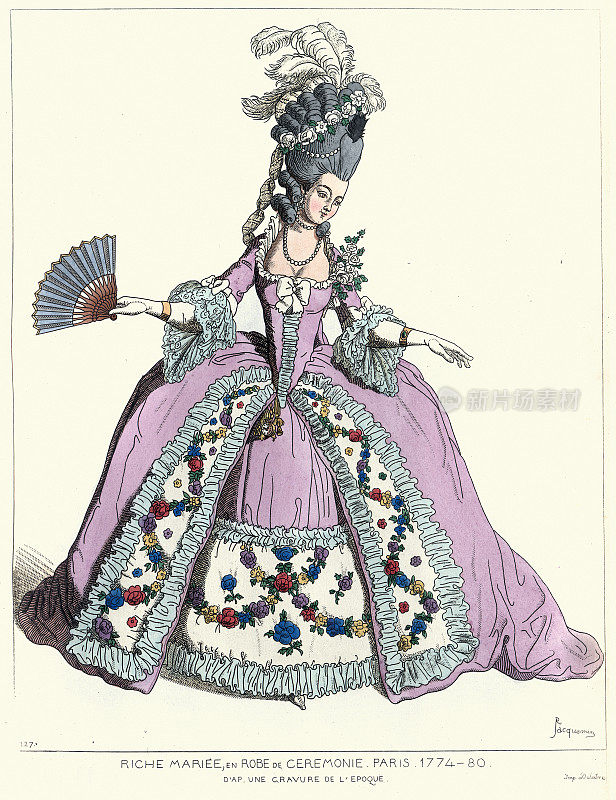 18世纪，富有的新娘，身着礼服。巴黎。1774 - 80